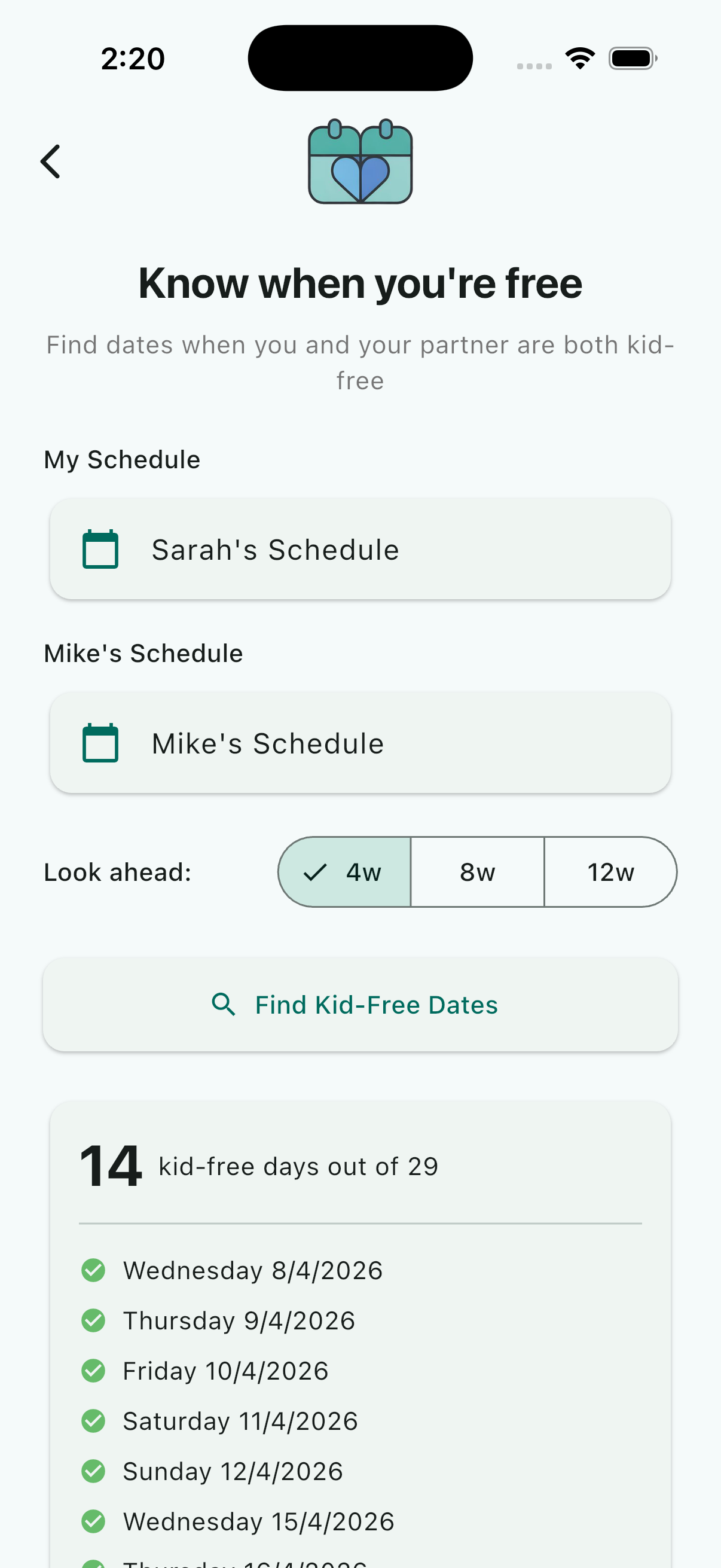 splittime Kid-Free Finder showing your kid-free dates